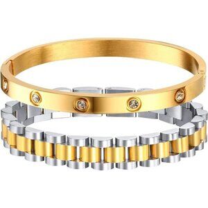 2pcs 18K Gold Plated Chain Link Bracelet 2 colors, Stainless Steel & Crystal